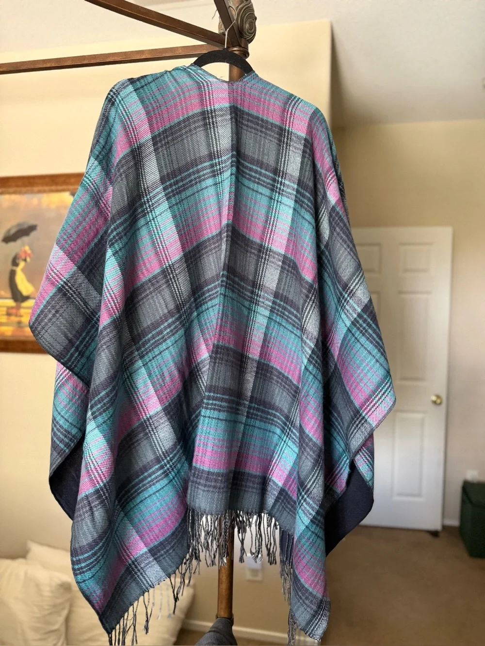 Reversible Plaid Turquoise & Purple Shawl
